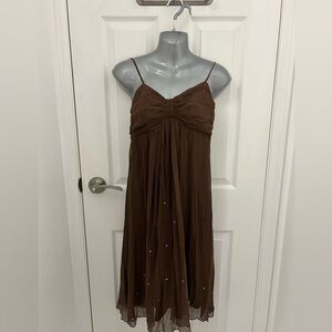 Brown, Silk Dress with Spaghetti Straps and Sequins, Sz 10